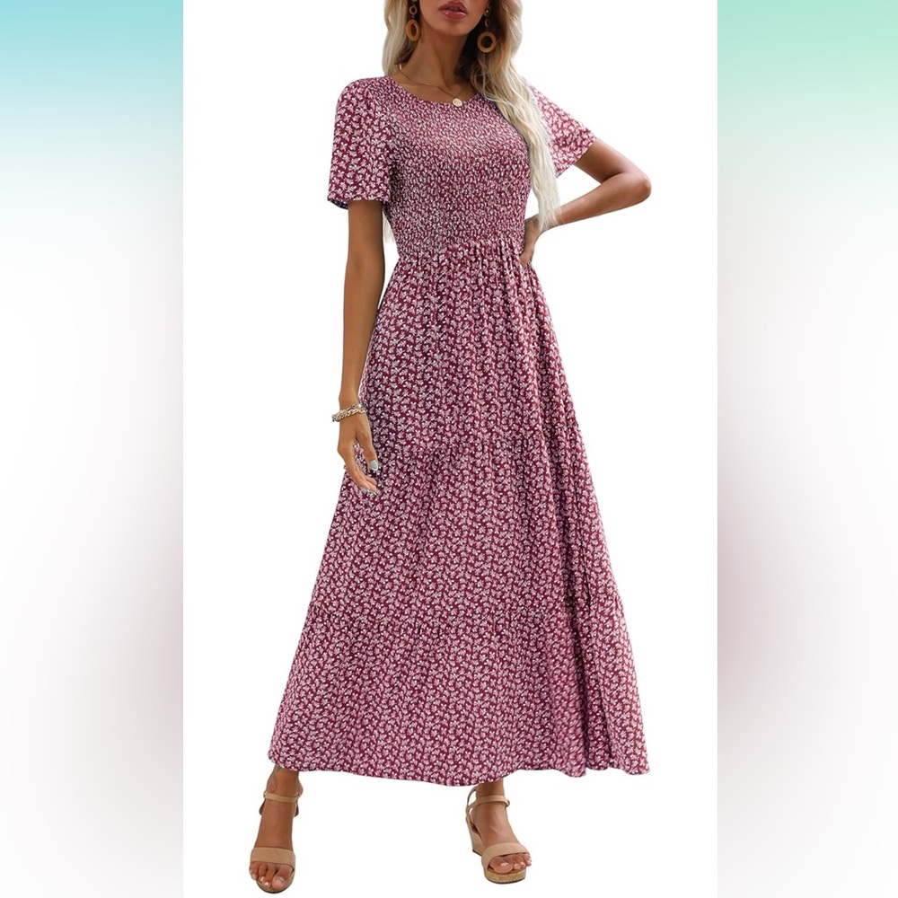 Summer Floral Long Dress Short Sleeve Crewneck Casual Boho Tiered Maxi Dress